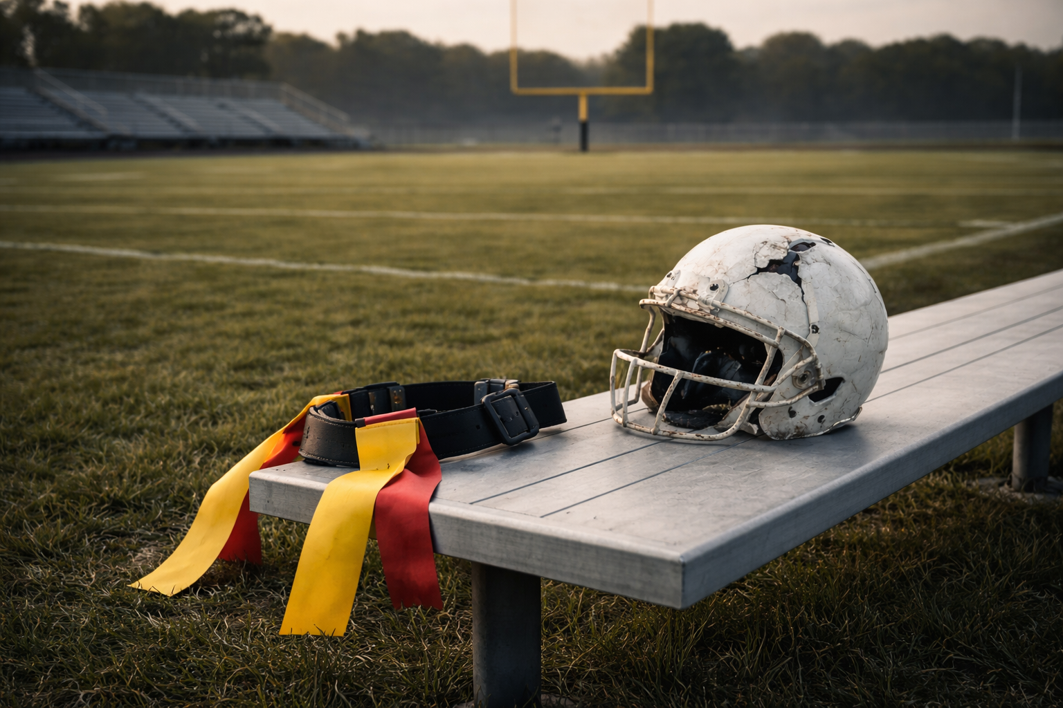 Damaged football helmet and flag football belt on a bench