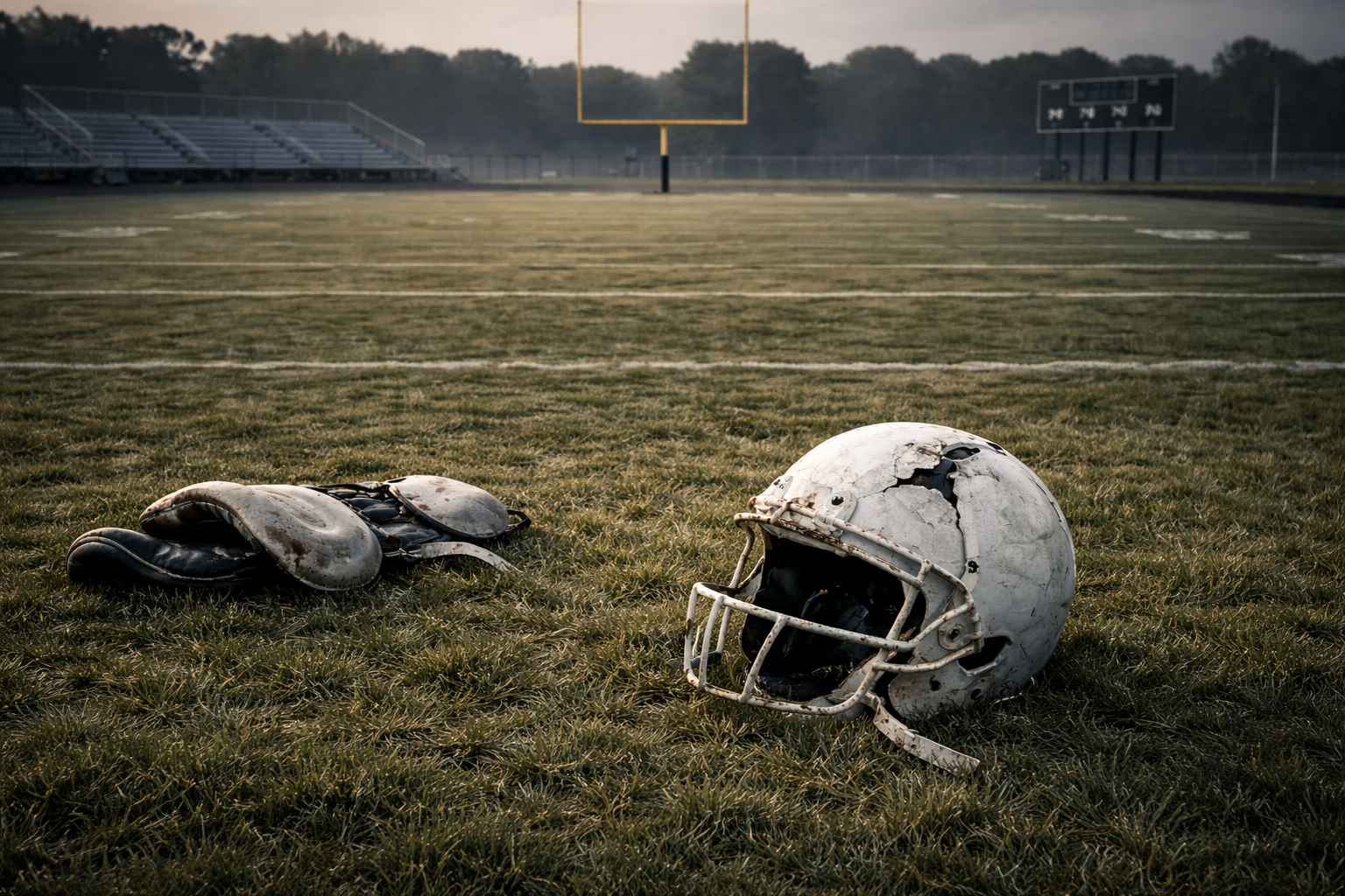 Abandoned football helmet and pads on an empty field