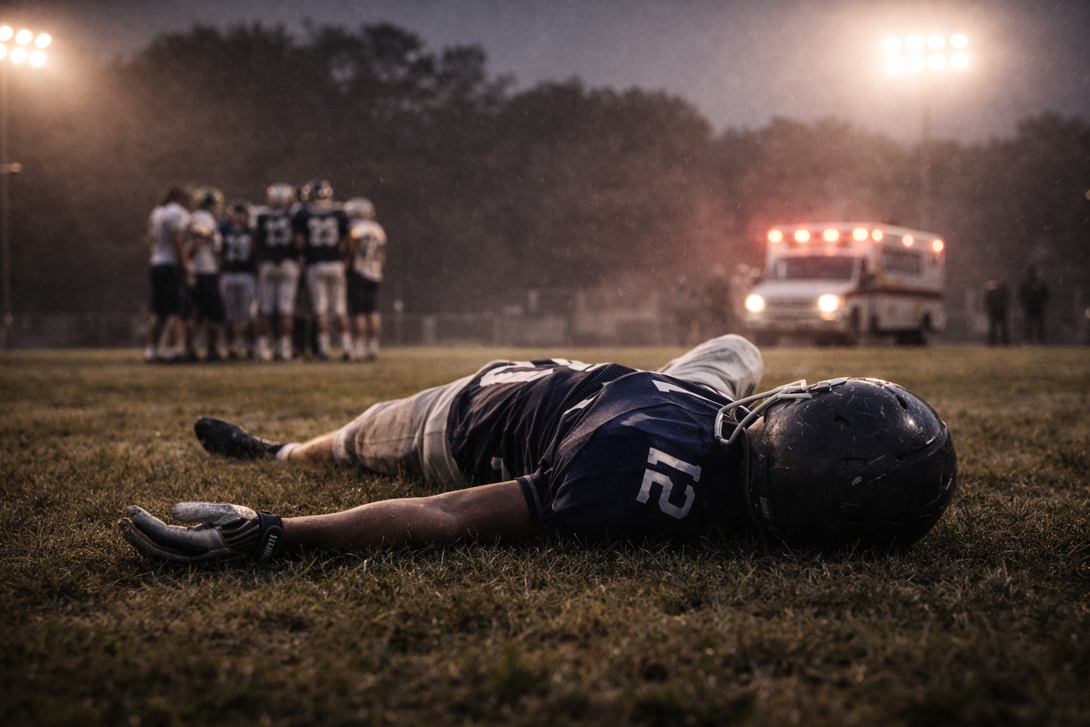 Injured football player lying on the field with an ambulance in the background